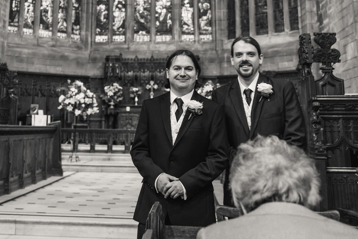 Groom waiting for bride at Christ Church Port Sunlight