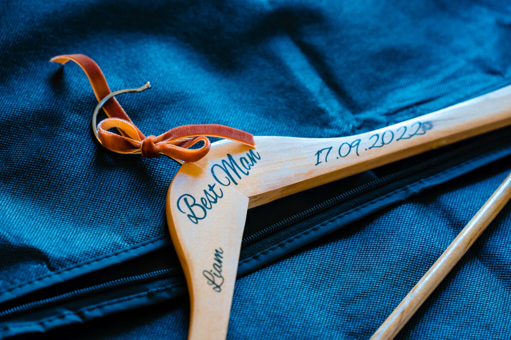 Wooden wedding dress hanger with Best Man engraving and date