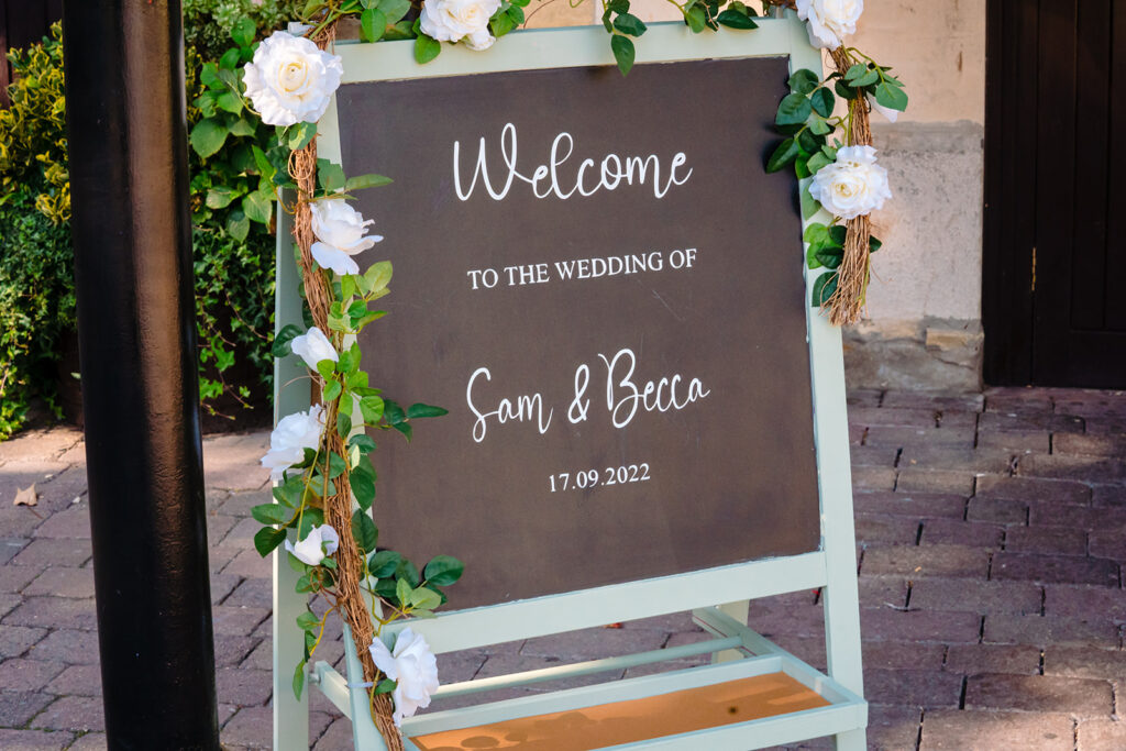 Wedding welcome sign for Sam and Becca dated 17.09.2022