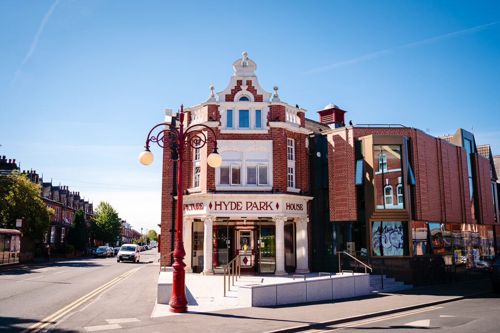 The Hyde Park Picture House on Brudenell Road, Leeds, on a sunny morning
