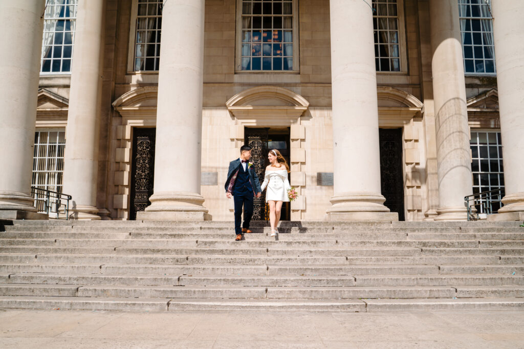 Couple portrait in Millennium Square near Leeds Civic Hall