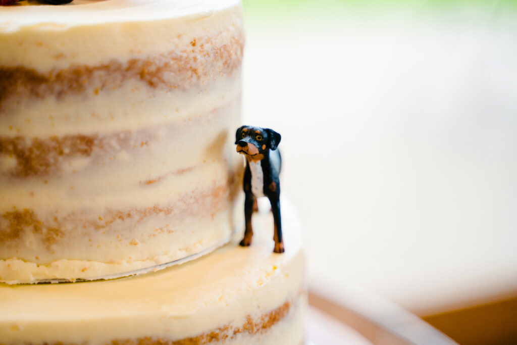 Layered cake with a small dog figurine