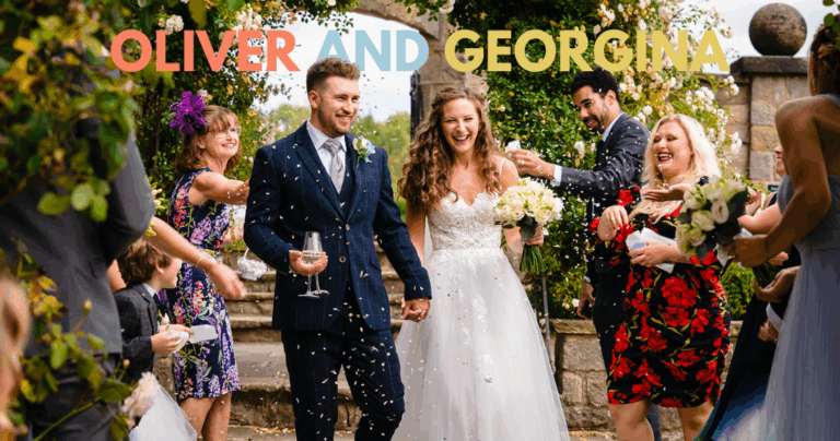 Happy couple celebrates outdoor wedding ceremony.