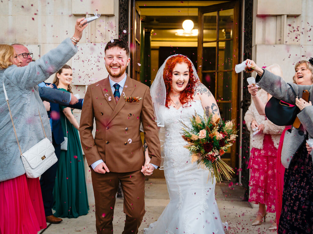 Saturday wedding celebration on the steps of Leeds Civic Hall
